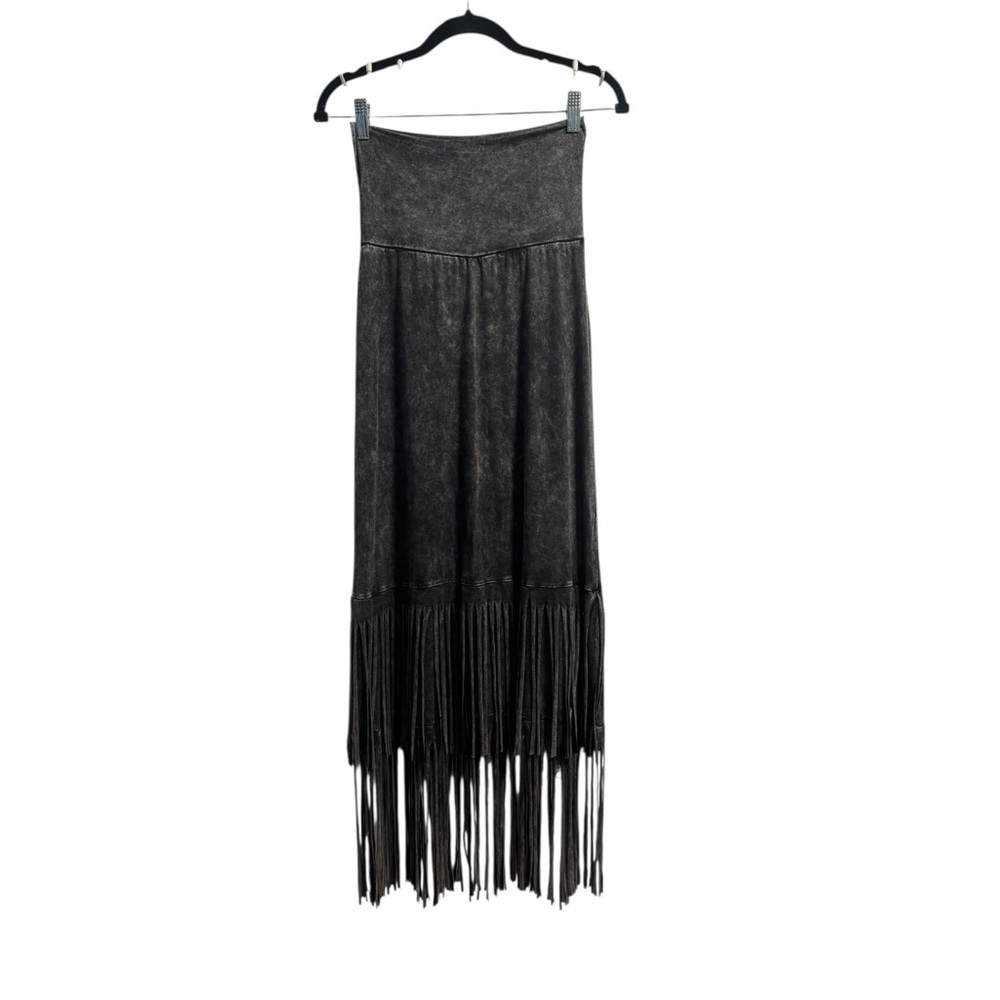 Party Fringe Maxi Skirt Gray Acid Wash Boho Festival 44” Long